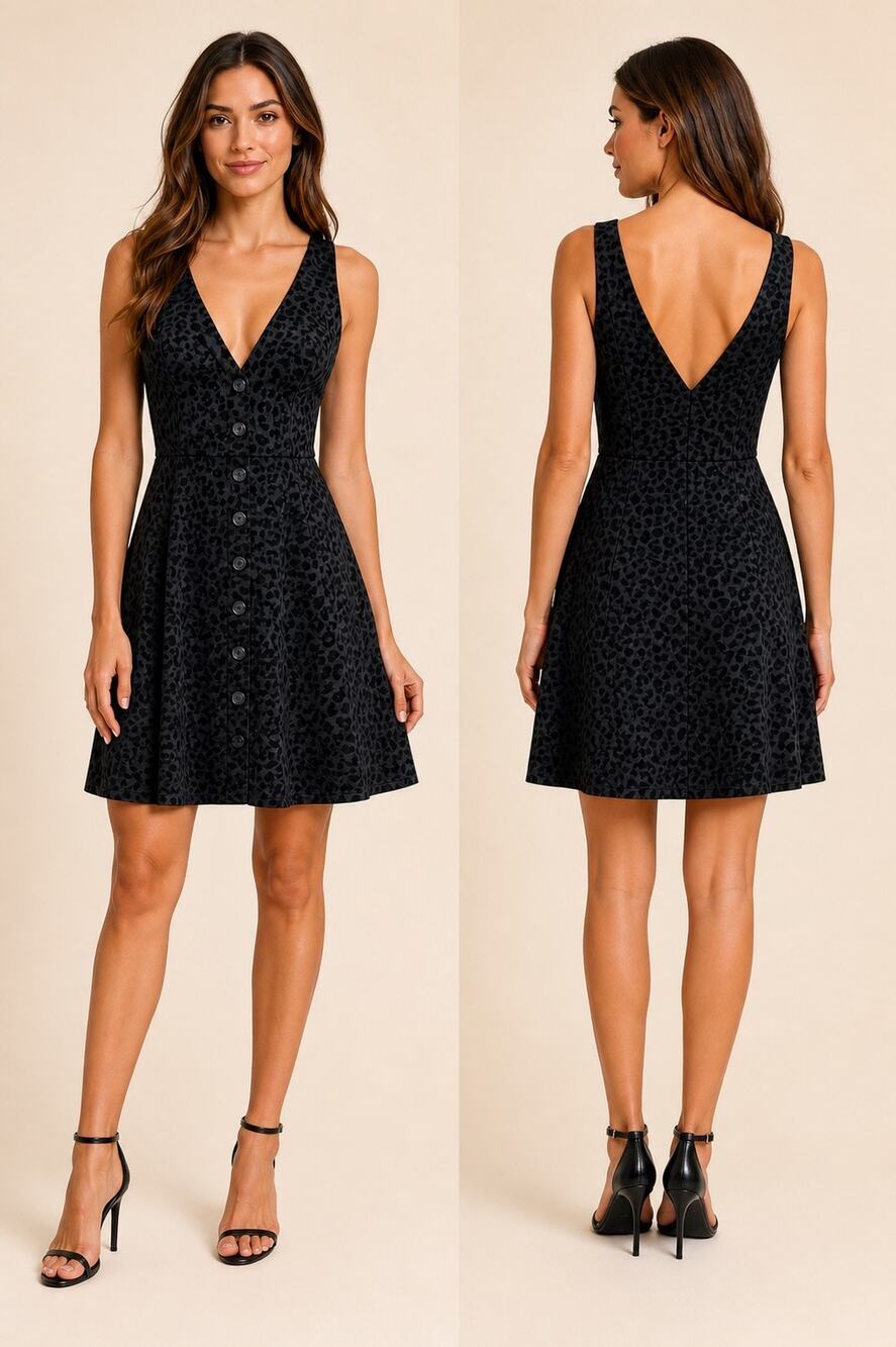 Jack by BB Dakota Black Leopard Print Dress Size 10 Sleeveless VNeck Fit & Flare